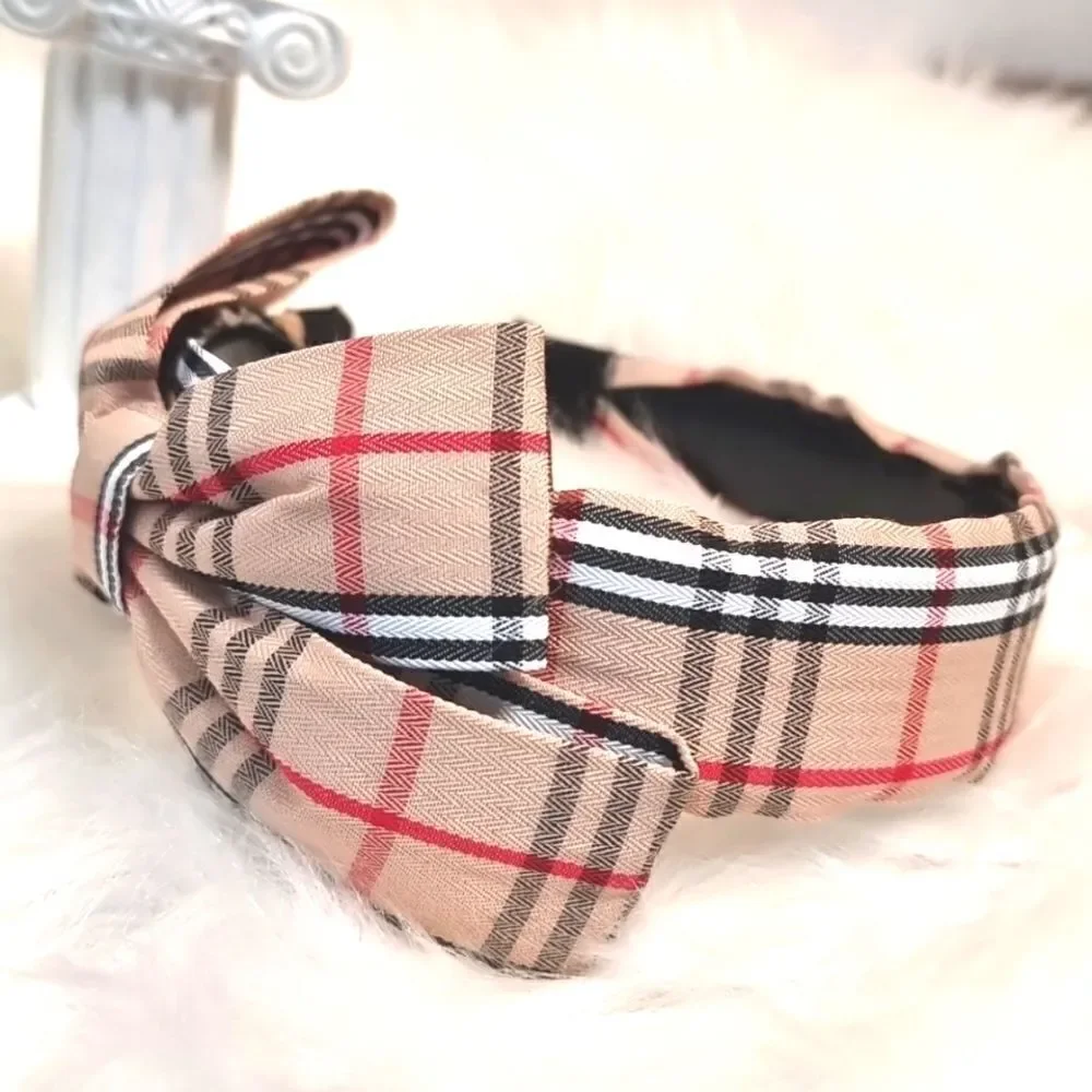 PLAID SIDE BOW HEADBAND Khaki black white red fabric